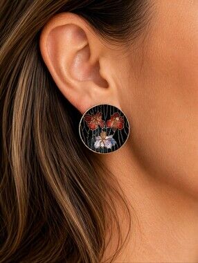 Vintage Sarah Coventry Cloisonne Iris Flower Enamel Earrings Black Pierced